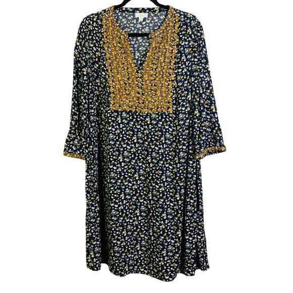 J. JILL Dress Tunic Knee Length Floral VNeck Gold Embroidered Detail Tunic Boho - Picture 1 of 14